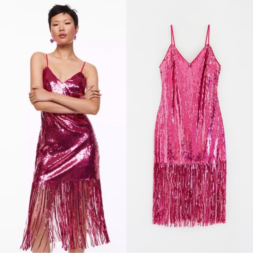 NWT H&M Sequined Mini Dress With Fringe Hem in Hot Pink sz L